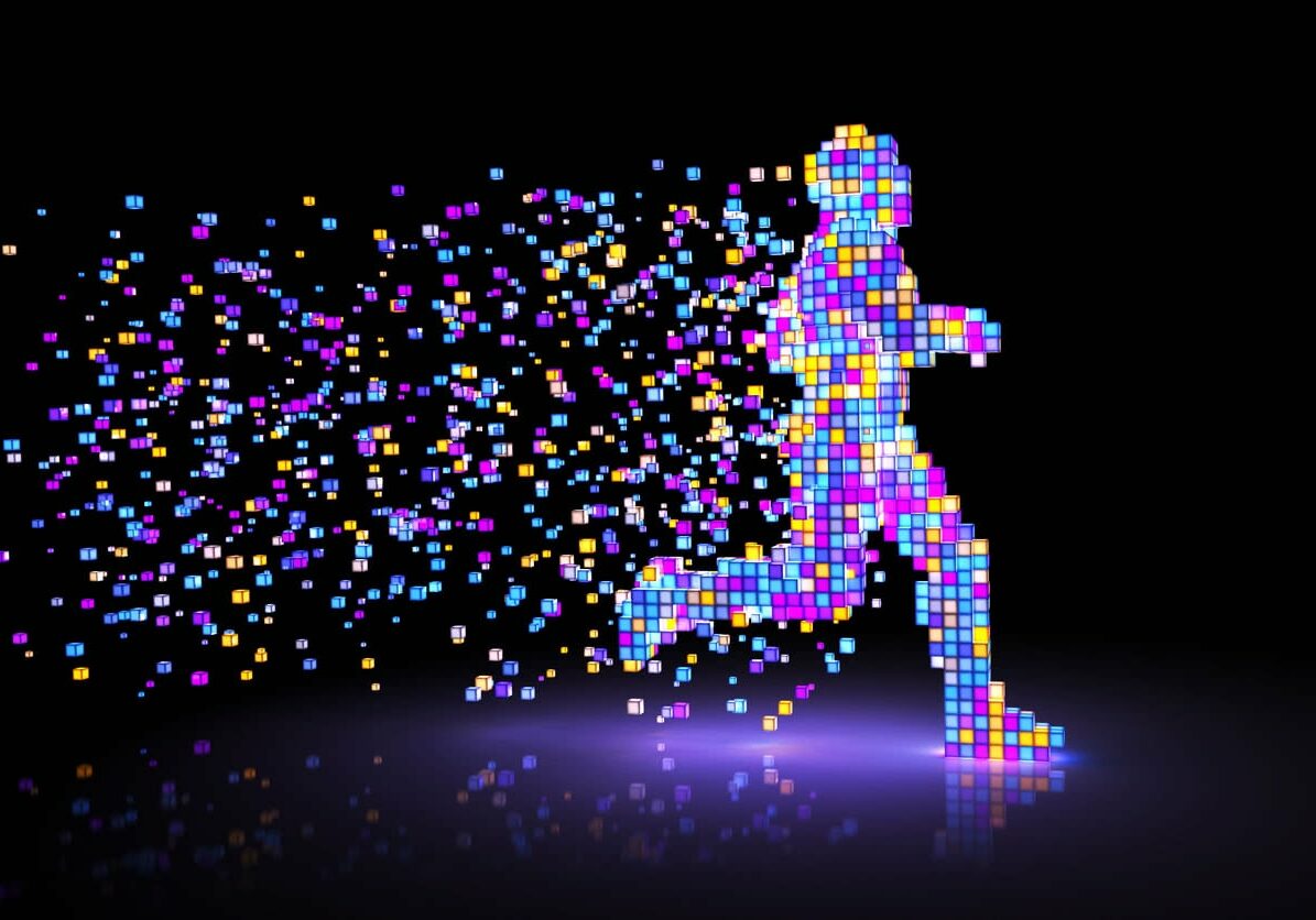 Man figure consisting of glowing pixels runs through darkness